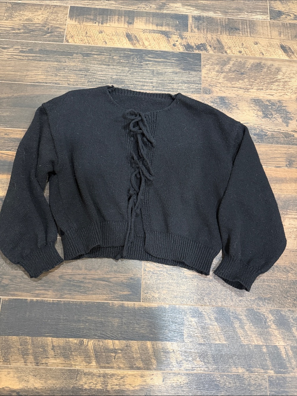 Black Lace-Up Front Knit Cardigan Sweater